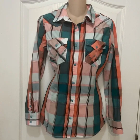 Wrangler Retro Teal and Orange Plaid Western Rodeo Turquoise Snap Shirt, Size S - Picture 3 of 10